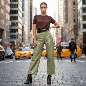 Danielle Bernstein Olive Patent Faux Leather Fully Lined  Wide-Leg Pants Size 14